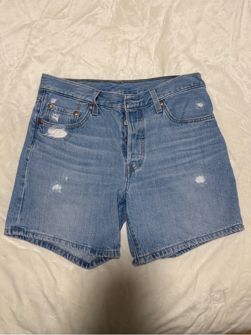 Levi's 501 Distressed Mid-Blue Denim Mom Shorts